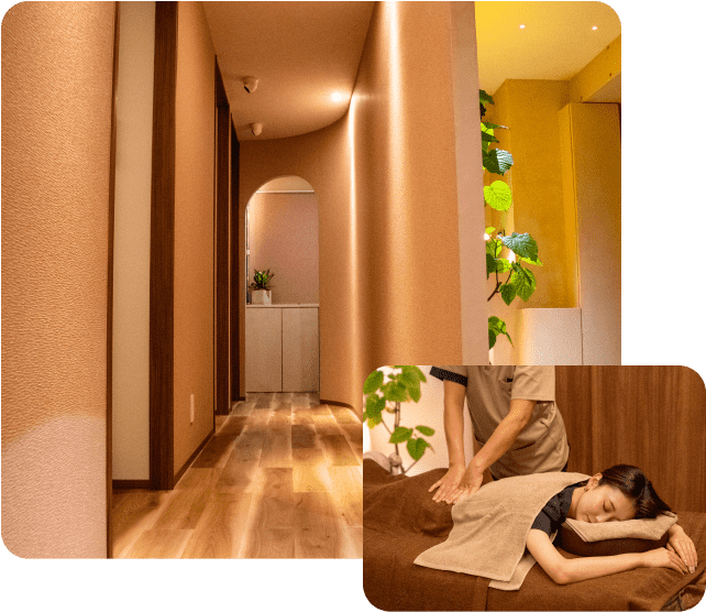 暖かい色調の照明が映えるサロンの廊下と、リラクゼーションマッサージを受ける女性の様子